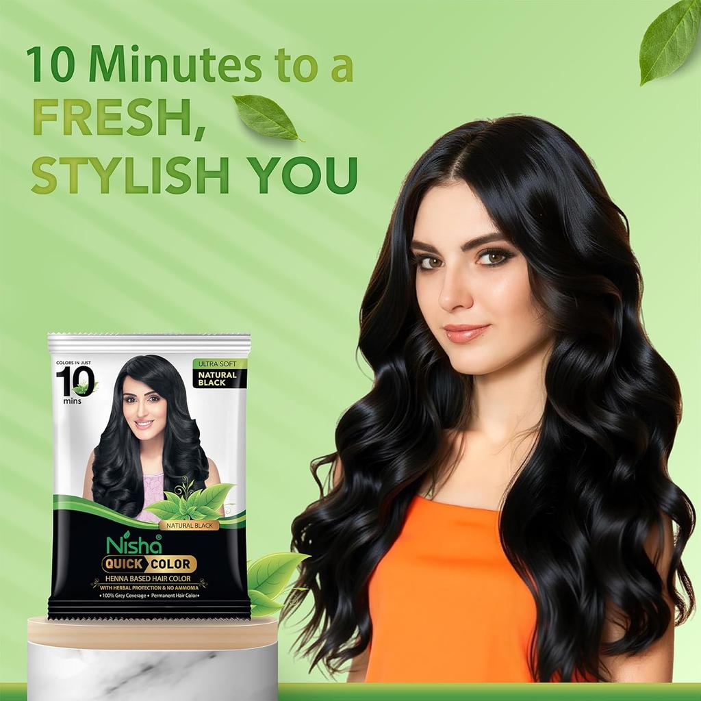 Nisha Polvere Colorante Rapido per Capelli per Uomini e Donne 10g X Confezione da 10 | Tintura Istantanea Naturale Nera per Capelli in 10 Minuti