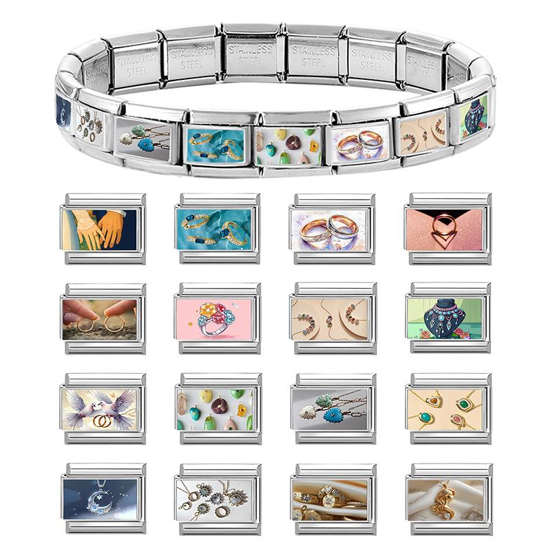 Sweet Ring Necklace Heart Flowers Pattern Charm Beads Fit 9MM Stainless Steel Bracelet Couple DIY Making Wedding Jewelry Gift