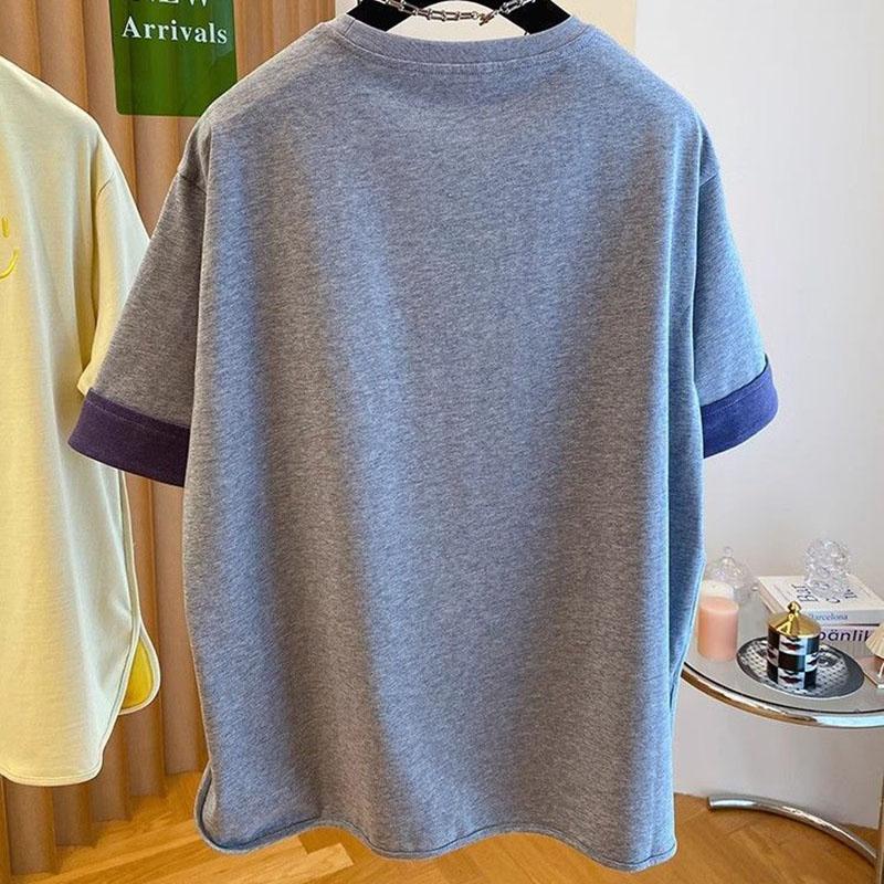T-shirt Women Embroidery Summer Casual Large Size Loose Round Neck Pullover Short-sleeved Tops