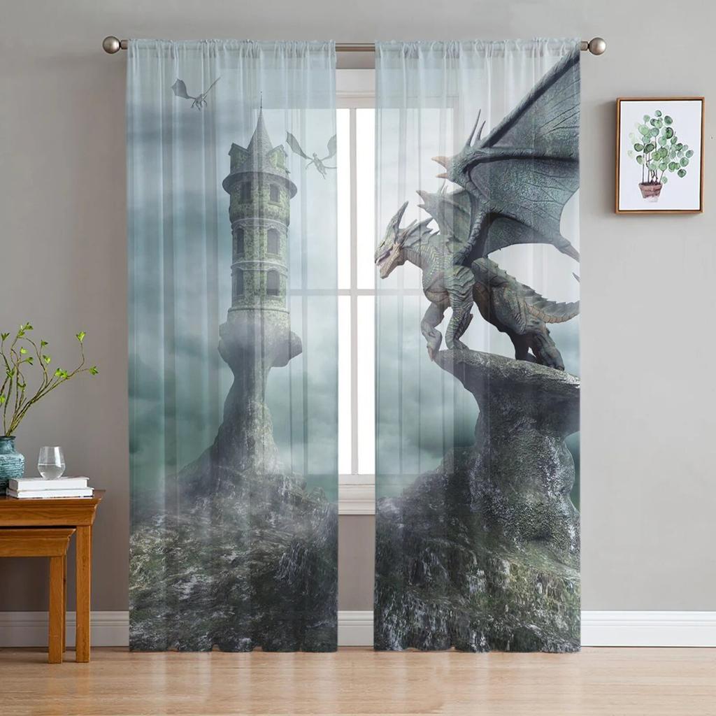 Jurassic 3D Dinosaur Virgin Forest Sheer Curtains for Living Room Bedroom Tulle Window Drapes for Kitchen Decoration