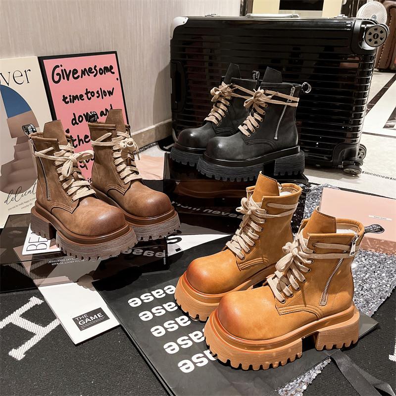 Women'S Ort  Boots  New Sle Thi Bot Heightening Motorcycle Big Head Retro Workwear Western Boots Yellow Boots