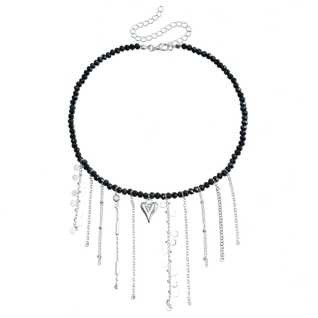 French Black Crystal Beaded Tassel Chain Necklace Personalized Design Versatile Love Necklace