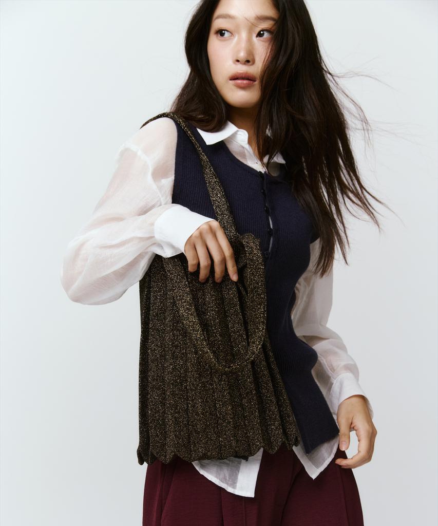 Pleatsmama New Shoulder Bag Glitter Black Brown