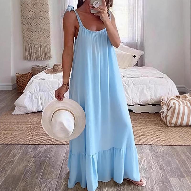 New Women's Casual Suspender U-neck Regular Pleated Multi-color Women's Dress Long Skirt
