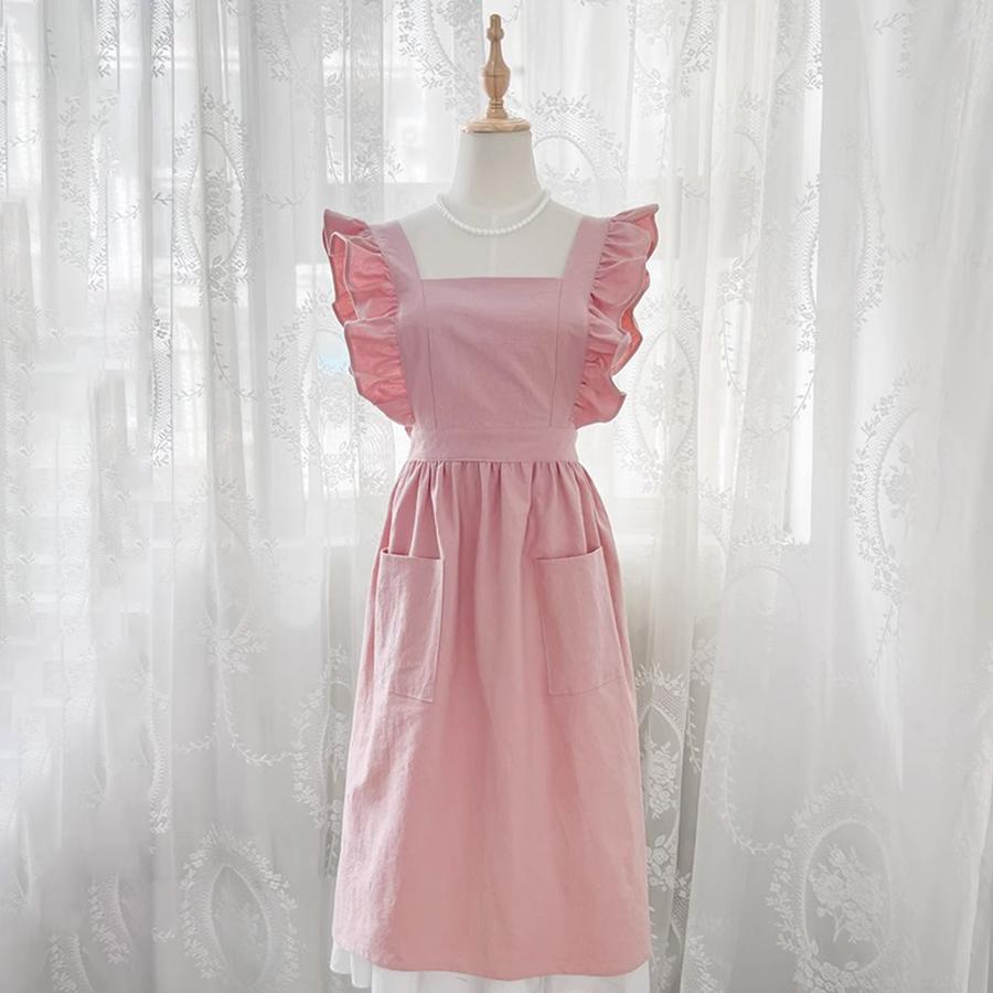 

Cross Back Apron Kitchen Apron Ruffled with Pockets for Chef Gardening Pink Work Women with Big Pinafore Dress Cooking Baking