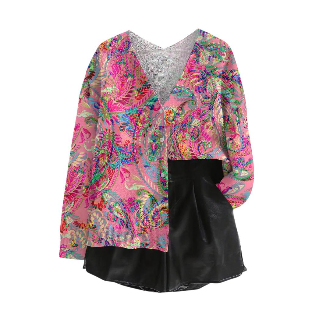 Women's V Neck Top Printing Thickened Plush Cashmere Warm Long Top