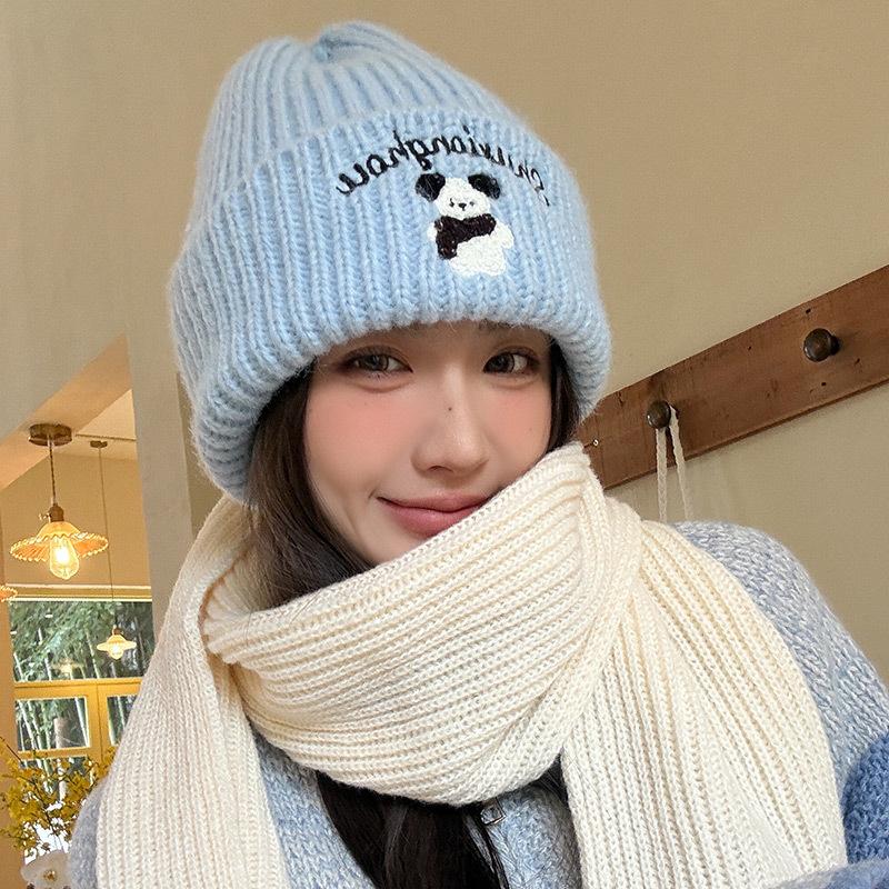 Cute Bear Blue Knitted Hat for Women In Autumn and Winter To Keep Warm and Versatile Ear Protection Woolen Hat Showing Face Small Baotou Cold Hat