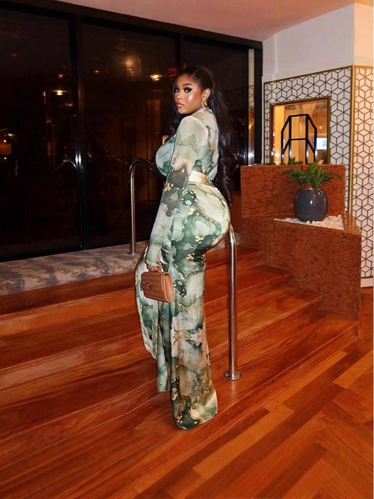 European Cross-Border Print Slim-Fit Skirt Suit: Mesh Long Skirt & High Neck Top - Trendy Casual Commuter Women's Two-Piece