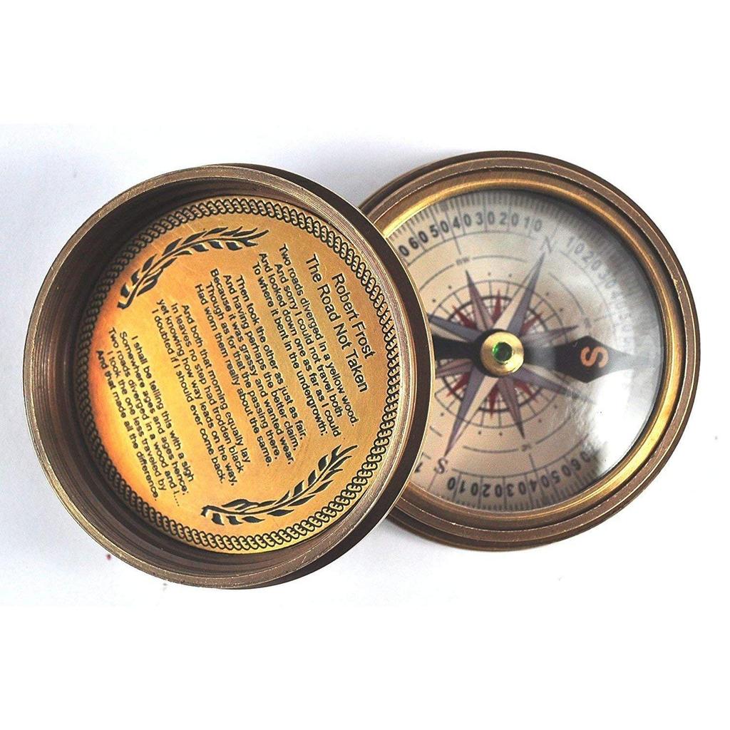 Antique Brass Pocket Compass with Robert Frost's The Road Not Taken Engraved Inside the Cover and Kelvin & Hughes