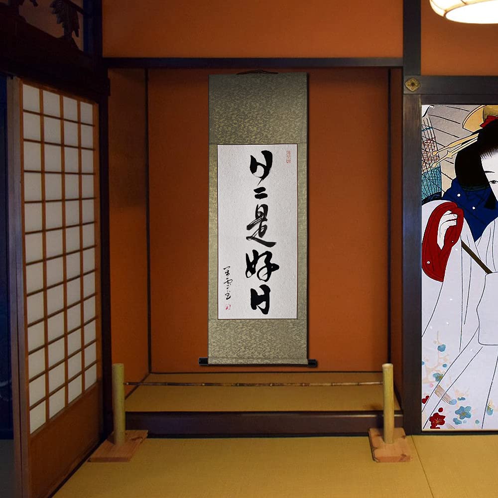 "Every Day Is a Good Day" Hanging Scroll, Stylish, "Every Day Is a Good Day" Style, Cursive Calligraphy, Tea Hanging Scroll, Zen Phrase, Single-line