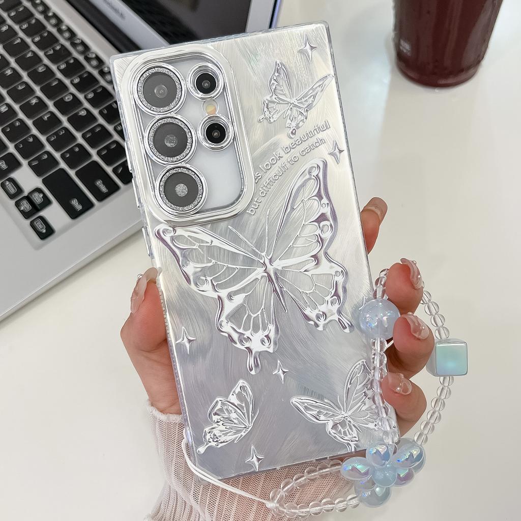 Small Fresh Embossed Butterfly Suitable for Samsung S25 Ultra Electroplated Mobile Phone Case Bracelet S24 Flash Powder Lens Film A56