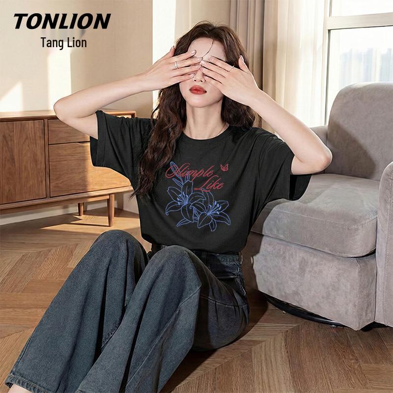 TonLion Women s Red & Blue Lily Print Pure Cotton T-Shirt 2XL