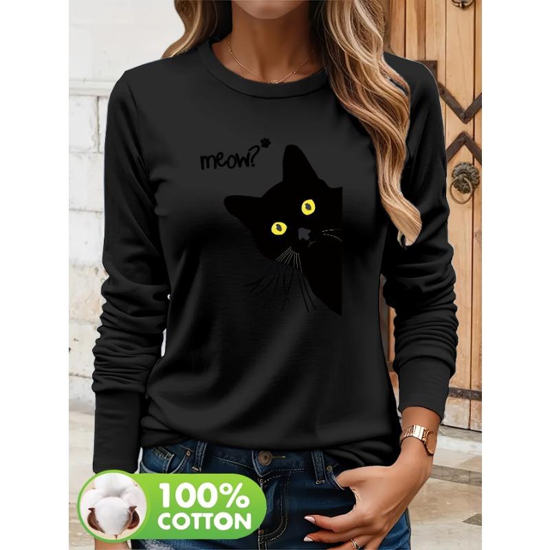 Women's spring and autumn comfortable casual fashion long sleeved cat graphic printed round neck T-shirt