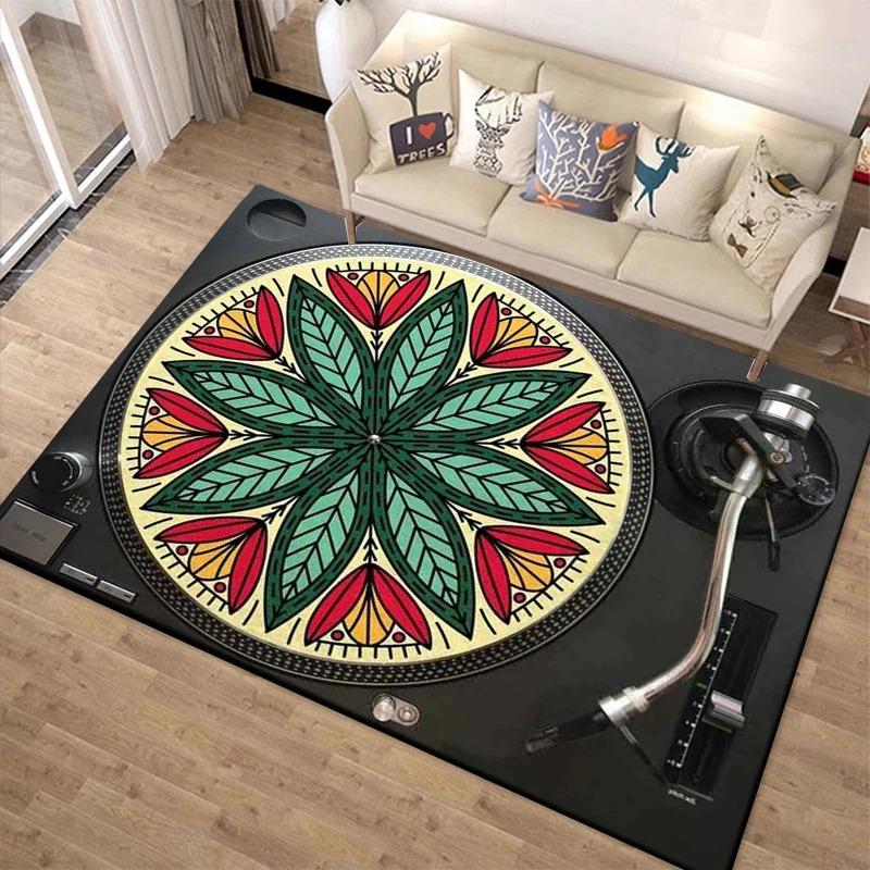 Vintage Turntable Design Living Room Large Carpet Black Turntable Components Vinyl Record Texture Anti-slip Rug for Home Decor