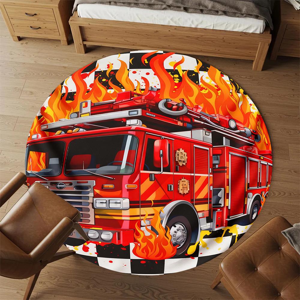 1PC Firetruck Flames Round Chair Mat Area Rug - Non-Slip, Floor Mat for Office, Bedroom, and Indoor Decor -Gift D1127234