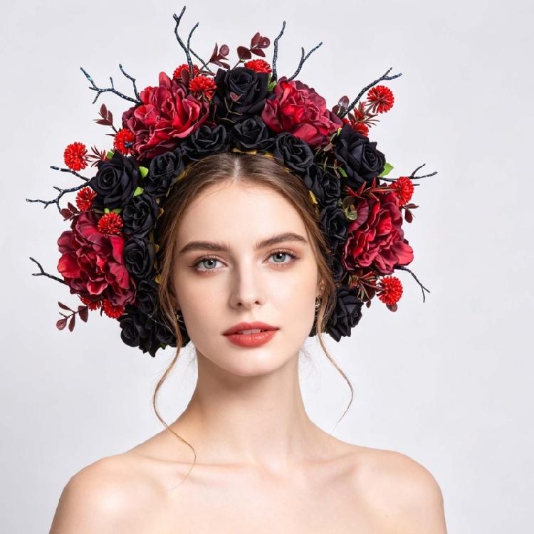 Gothic Bridal Hair Band Realistic Flower Headband For Medieval Fantasy Wedding Cosplay Event Hiar Decoration
