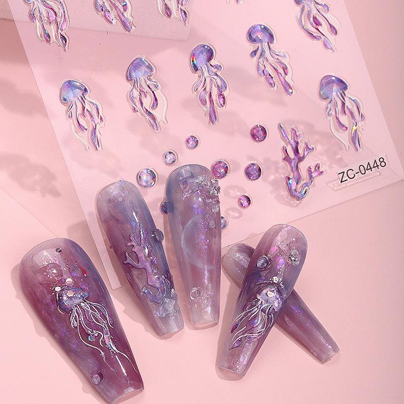 Japanische und koreanische Nagelsticker, Geprägter Weichkleber, 5D, Meerjungfrau Qualle, Heißfolienprägung Nagelsticker, Nagelstudio-Zubehör, Partydekoration