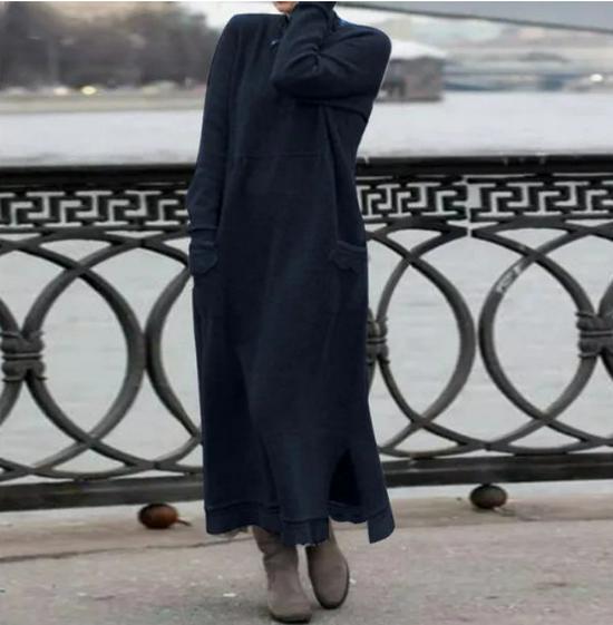 Solid Color Round Neck Loose Lace Plus Size Knitted Pullover Dress