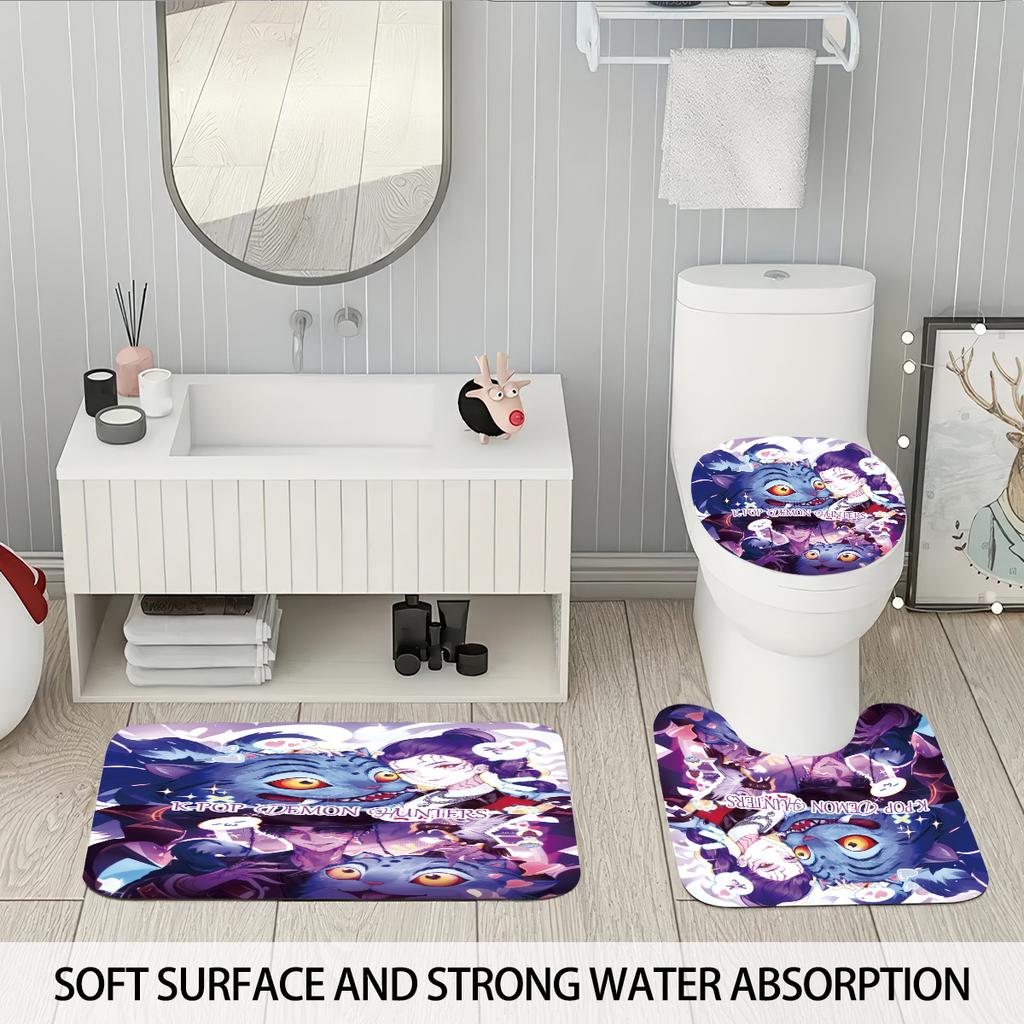 4Pcs K-Pop Demon Hunters Print Bathroom Set 180X180 Waterproof Shower Curtain With 12 Hooks, Floor Mat, Toilet Mat, U-Shaped Mat