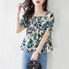 Women's Summer Short Loose Square Neck Chiffon Shirt Short Sleeve Commuter Floral Blouse