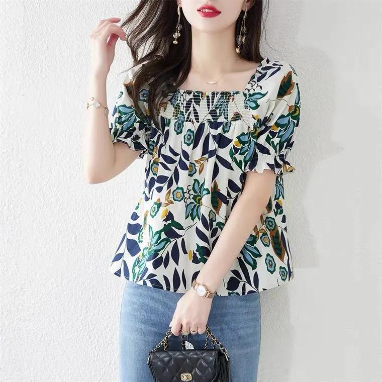 Women's Summer Short Loose Square Neck Chiffon Shirt Short Sleeve Commuter Floral Blouse