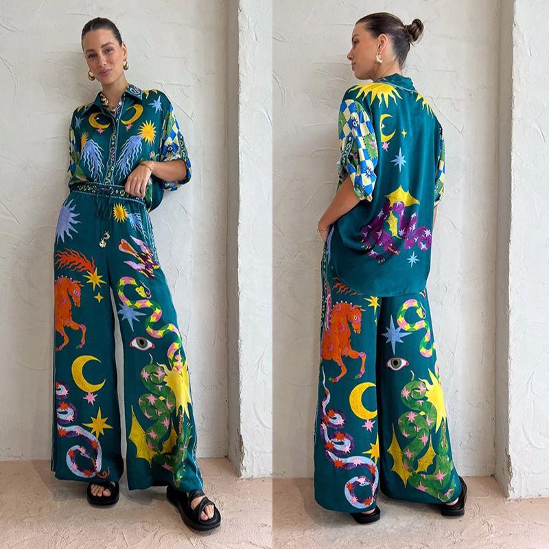 

Printed Casual Two-Piece Set2023 European and American Women Fashion Print Leisure Set Two-piece Set Dark green XL