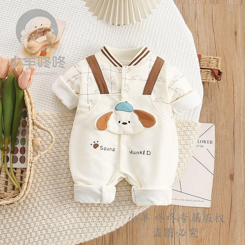 

Spring and Autumn Style Dog Adventure Romper with Fake Suspenders, Cute Cartoon Long-Sleeve Unisex Baby Ultra-Adorable Infant One-Piece Crawling Suit Coffee Color 66