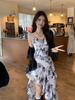 Retro French Floral Maxi Dress – Slim Waist & Irregular Hem for Women