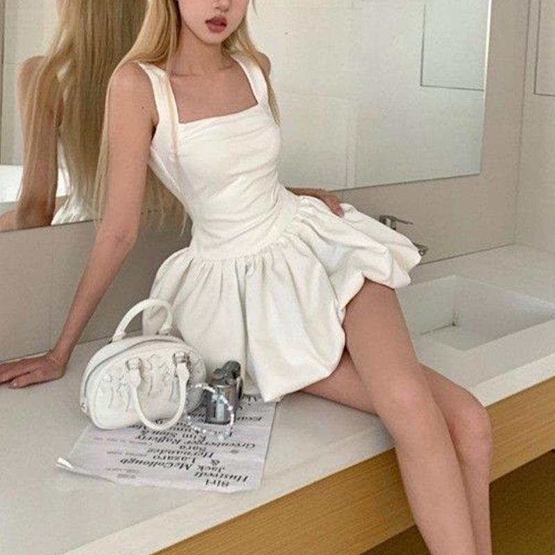 Women's White Summer Sling Dress: Slimming Waist & Puffy Skirt