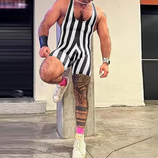 Pánské fitness body bez rukávů s hlubokým výstřihem do U, pruhovaný overal, sportovní podpůrné prádlo do posilovny, boxerky