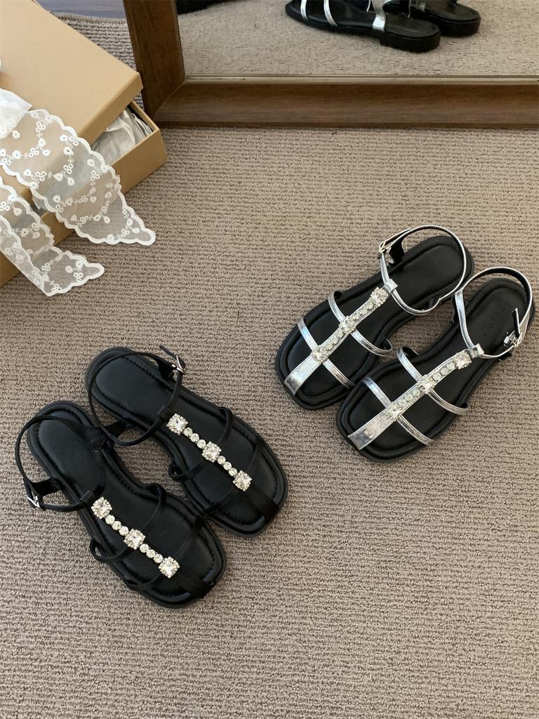 Narrow Band Ladies Casual Heeled Sandals Women's Black Beach New Summer 2025 Low Heel Outdoor Dress Gladiator Shoes