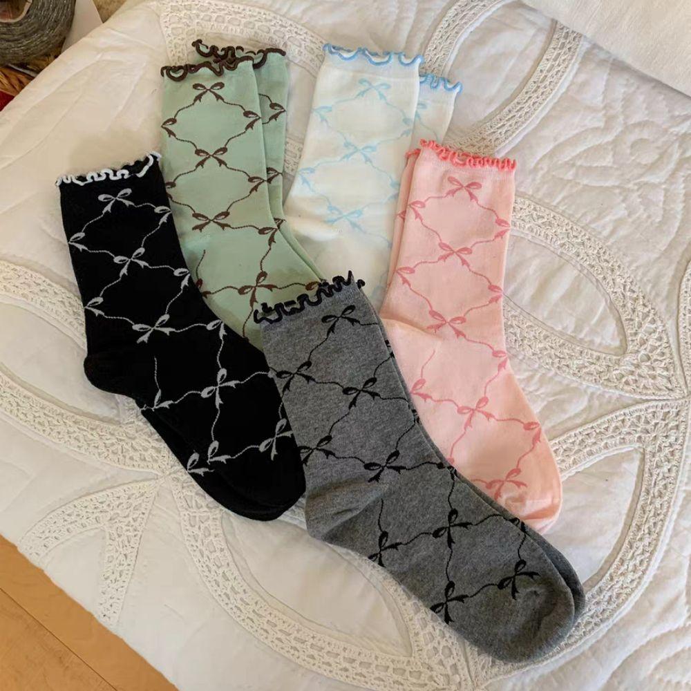 5Pairs Breathable Mid Tube Socks Thin Cotton Sweet Socks Women Fashion Ruffle Bow Socks  Streetwear