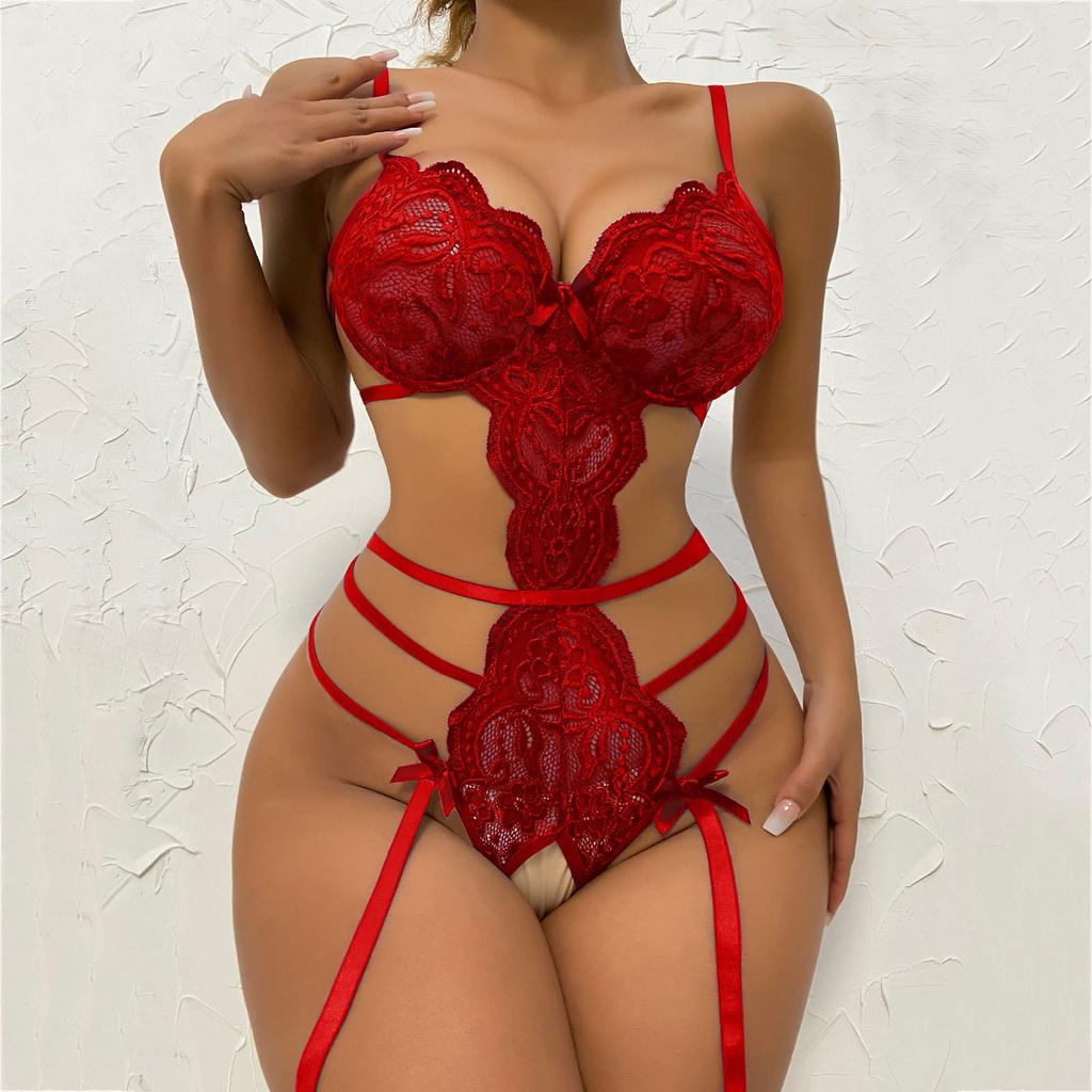 Ladies Erotic Lingerie Sexy Strap Lace Hollow  Set Without Steel Rings