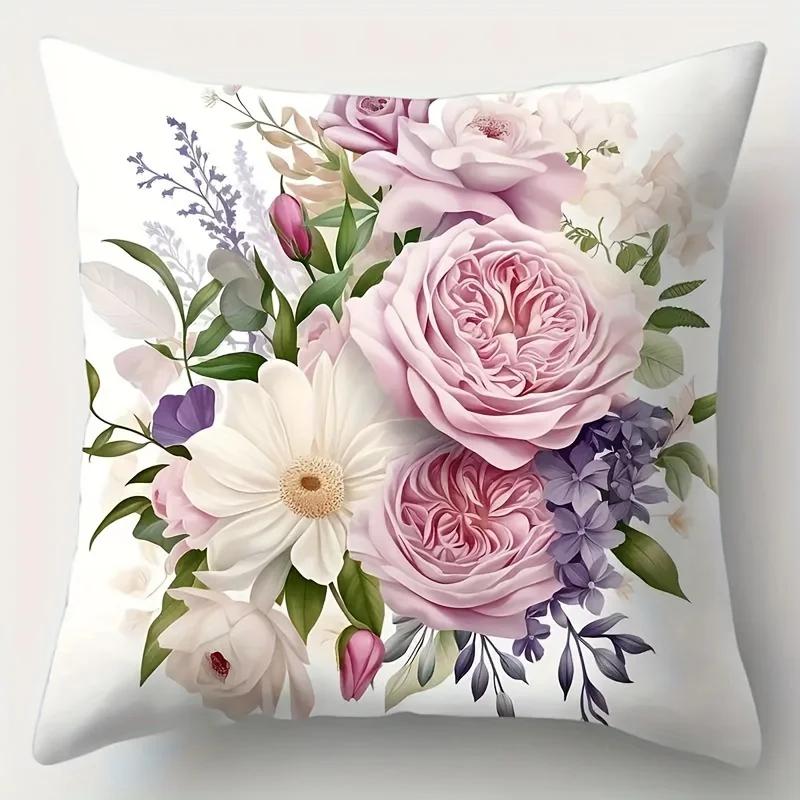 Single-Sided Printed Cushion Cover Plant Flower Soft Polyester Fabric Living Room Sofa Bedroom Bedside Decorative Pillowcase