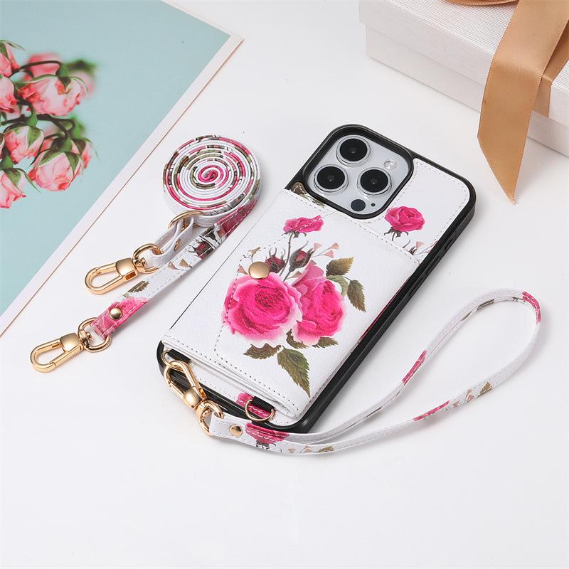 Flower Crossbody Card Holder Case with Lanyard for iPhone 13, 14, 16, 17 Pro