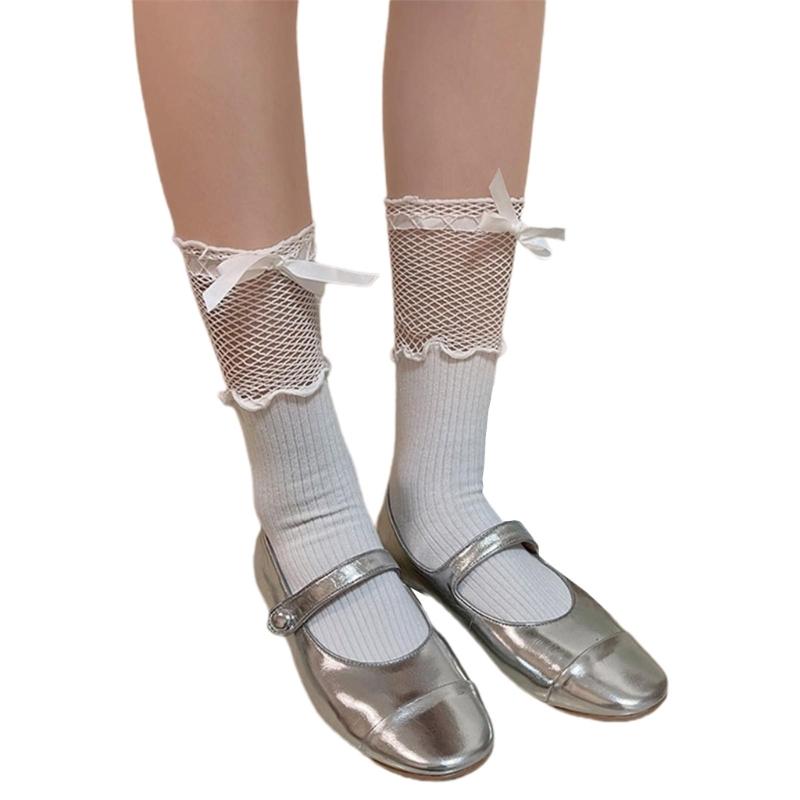Japanese Style Sweet Fishnet Stocking Frilly Over Calf Long Socks Student Girls Cute Bowknot Frilly Stockings for Women One Size белый