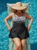 White Leopard Print Plus Size Tankini Swimwear - Women's Two-Piece Swimsuit with Swim Skirt & Large Bust Support