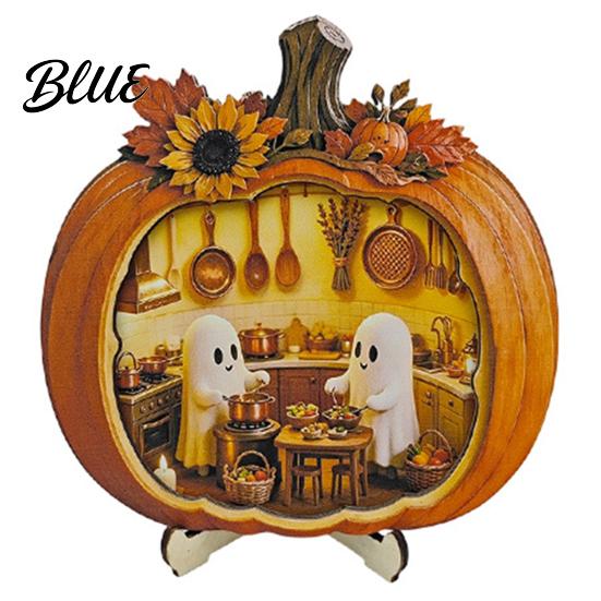 Handmade Wooden Halloween Art Ghost Pumpkin Tabletop Sign House with Mini Tiered Stacked Crafts Scene Fall Harvest Desktop Ornament for Home Office