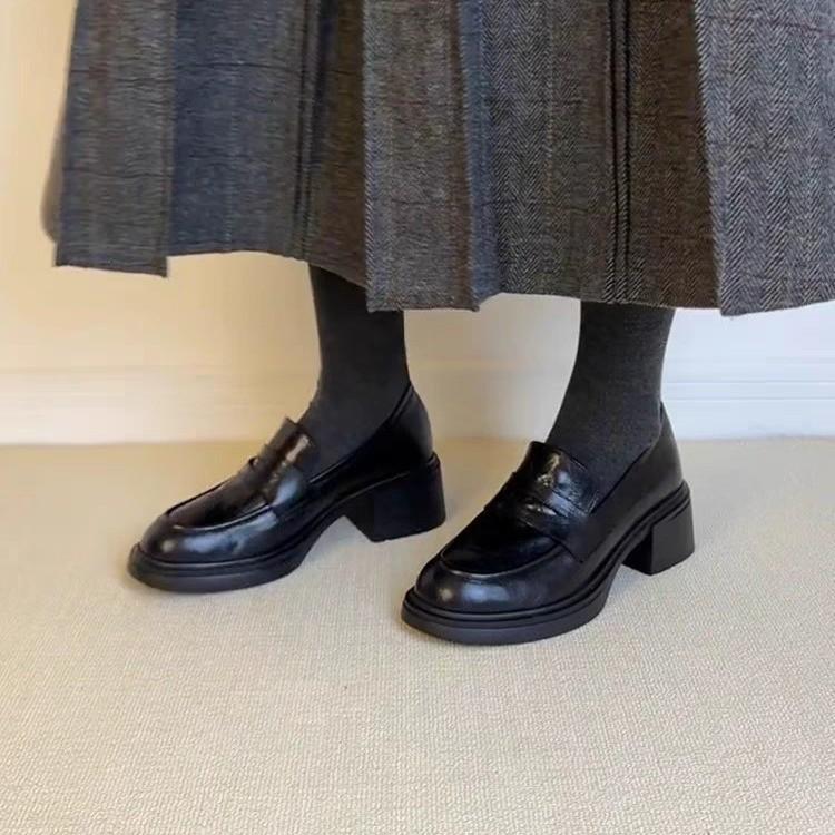 Sheepskin version~ New retro thick-heeled loafers, women's one-pedal round-headed single shoes, genuine leather commuting lazy small leather shoes