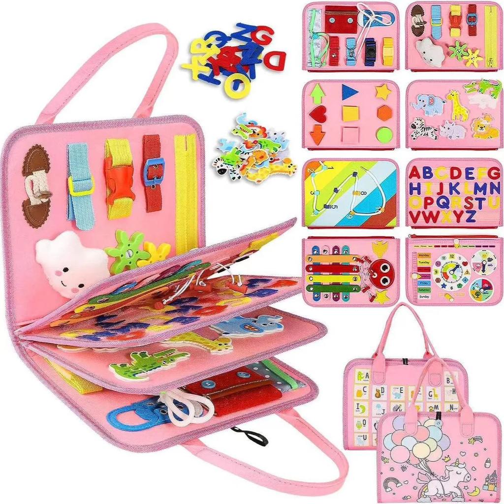 Educational 7IN1 Pink Felt Busy Board Sensory Motor Skill Activity Developing Book Toddler Learning Cognitive Exercise Girl Toy
