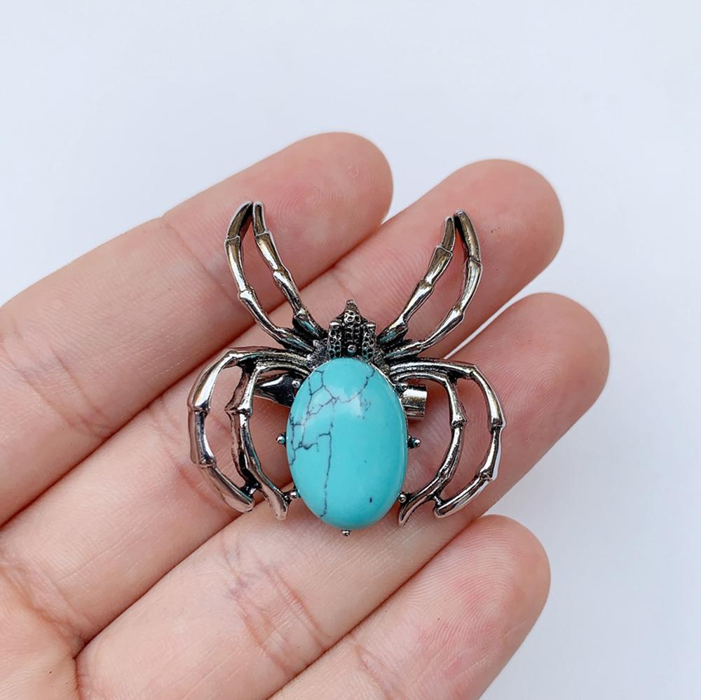 Natural Gem Stone Spider Brooch for Backpacks Jackets Hats Pants Jewelry Accessory Natural Quartz Halloween Spider Pin Brooch