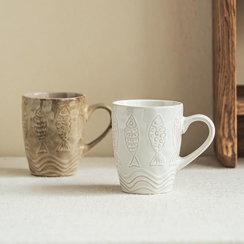Retro Style Relief Ceramic Mug, Old Couple Cup, Drinking Cup, Household Large-capacity Milk Cup, Coffee Cup