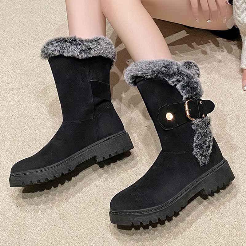 Fur Flats Suede Woman Mid Calf Boots Casual Warm Cozy Walking Shoes 2024 Winter Brand Fashion Short Plush Dress Mujer Zapatillas