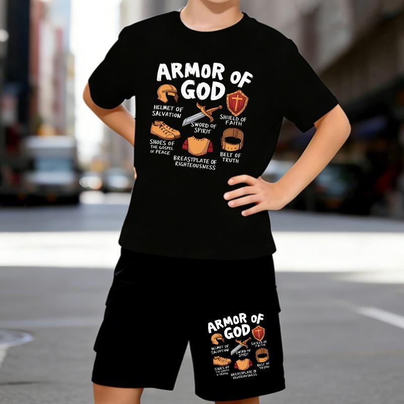 

Boys 2 Piece Armor of God Printed outfit, Short Sleeve T-Shirt and Shorts Set for Kids Age 5-14,white,Black Sporty Casual Summer Clothes 5-6 Years чёрный