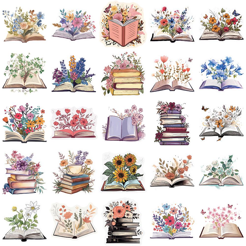 10/30/50pcs Vintage Books and Flowers Cartoon Stickers Aesthetic Graffiti Decals Scrapbooking Suitcase Phone Sticker Decoratio