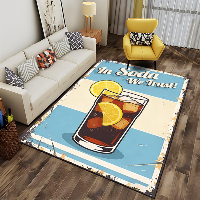 Retro Style Carpet with Soda Glass and Lemon Design Text Print Suitable for Use As an Anti-slip for Living Room Bedroom Sofas
