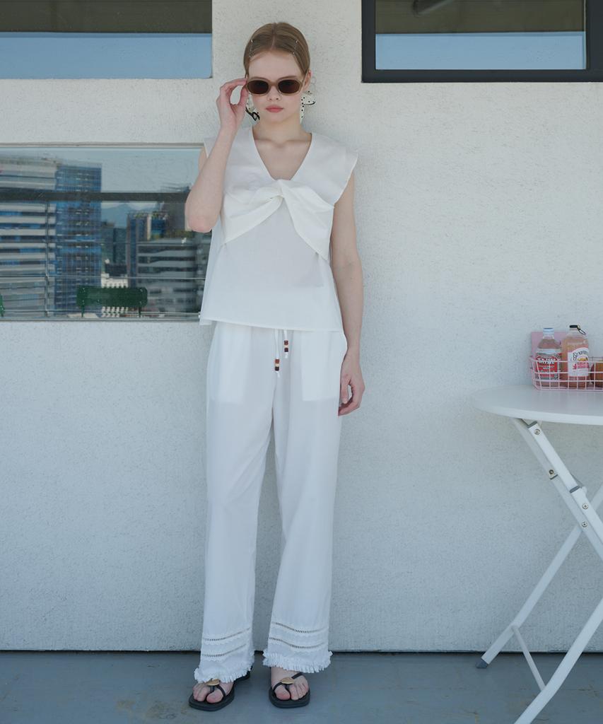 OPENING SUNSHINE Punched Lace Cotton Elastic Waist Wide Pants White