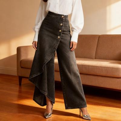 Flowy Jeans for Women High Waisted Asymmetrical Wrap Denim Pants Button Up Wide Leg Splicing Summer Ruffle Jeans