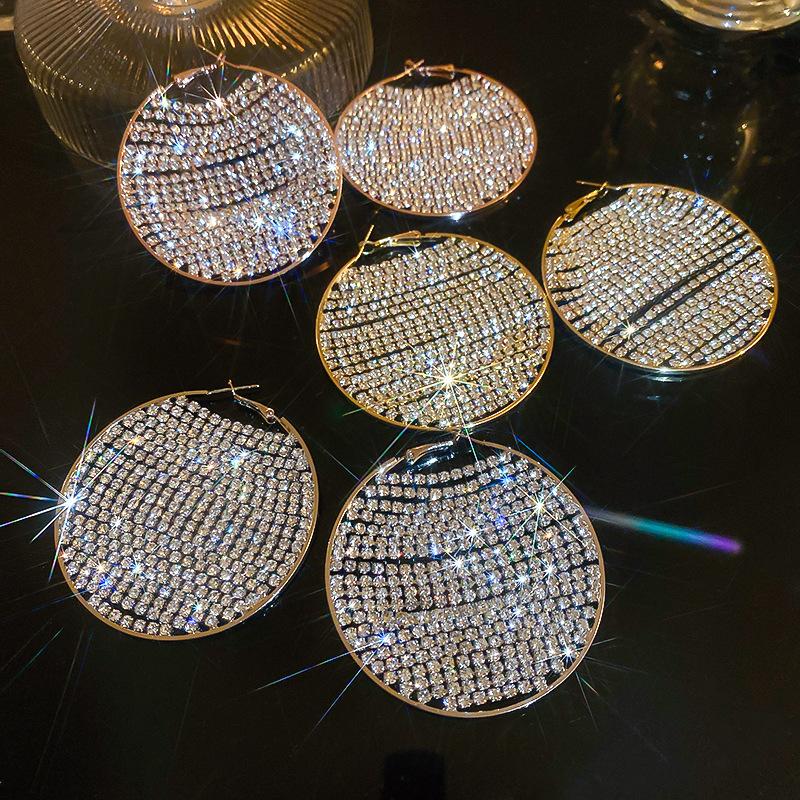 Shiny Full Rhinestones Large Hoop Earrings for Women Exaggerated Crystal Big Circle Ear Buckles Lavish Party Jewelry Gifts K