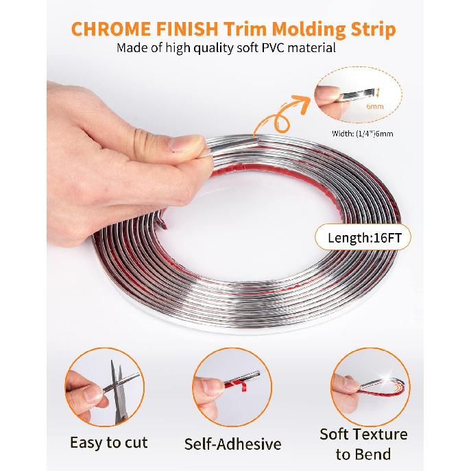 16Ft Chrome Car Trim Strip, Self-Adhesive Automotive Exterior And Interior Side Body Moulding, 1/4 Inch (6Mm) Scratch-Proof Silver DIY Accessories